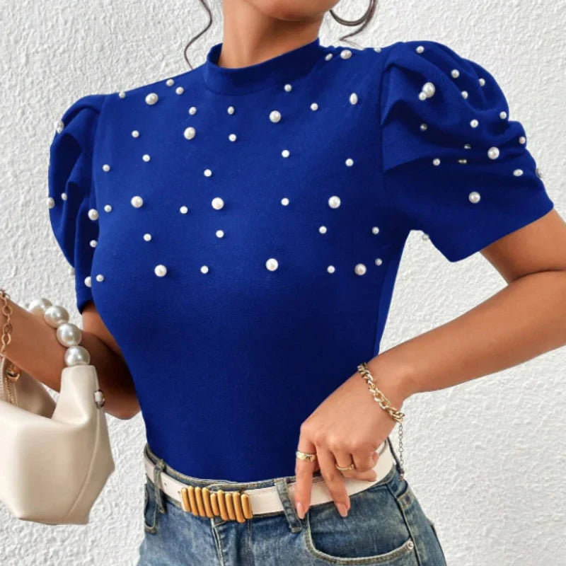 vmtvr 2024 Spring Stand Collar Beading Blouses Women Elegant Solid Slim Bodycon Top Pullover New Summer Puff Short Sleeve Office Shirt