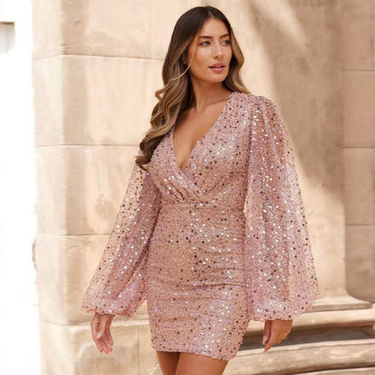 Sexy Bright Sequin Lantern Long Sleeve Dress Summer Fashion Slim Nightclub Party Dresses Female V Neck Bodycon Mini Robe