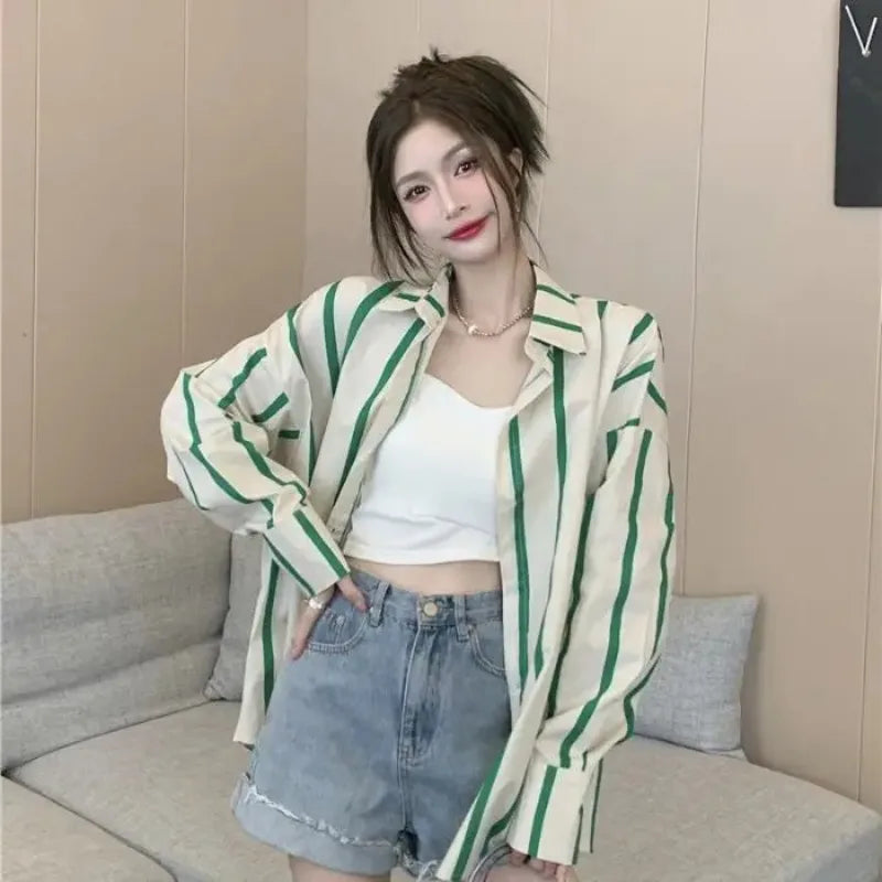 vmtvr Fashion Youth Women Clothing Striped Sunscreen Shirt Coat Spring Summer Korean Oversized Chic Pretty Long Sleeve Casual Blouse