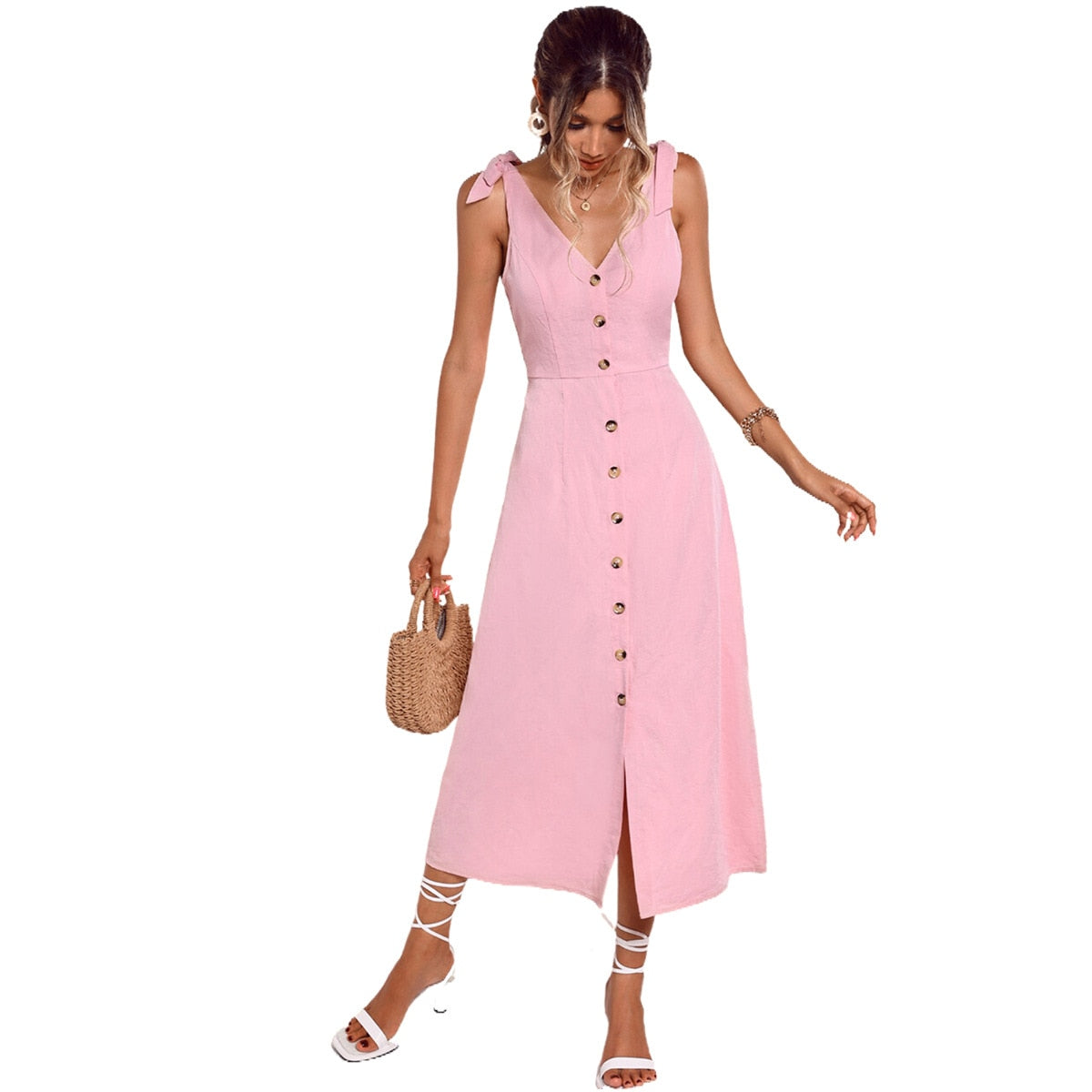 vmtvr -  Women Casual Suspender Maxi Dress V-neck Solid Color Elegant Pink Dress Tie Up Button Down Midi Dress Mujer Split Dresses