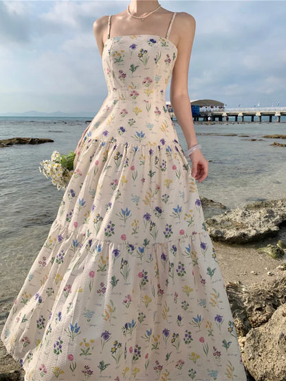 vmtvr  -  Vintage Floral Beach Holiday Long Dresses for Women Summer New Elegant Party Spaghetti Strap Big Hem Casual Female Clothing