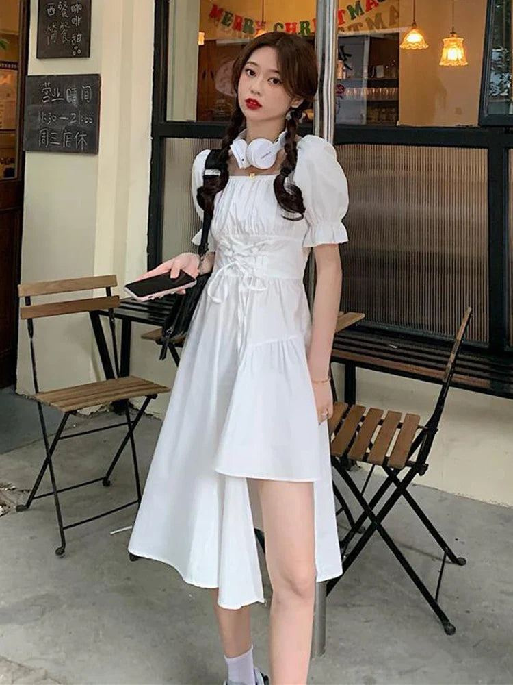 vmtvr White Women Dress Summer Irregular Puff Sleeve Party Dress High Waist Designed Bandage Square Collar Black Vestdios New