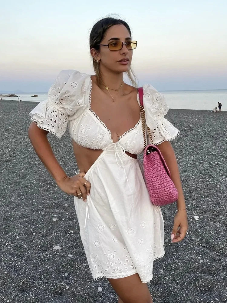 vmtvr  - Lace Summer White Dress Women Puff Sleeve Embriodery Waist Cut Out Beach Short Sexy Cotton Dress Backless Sundress