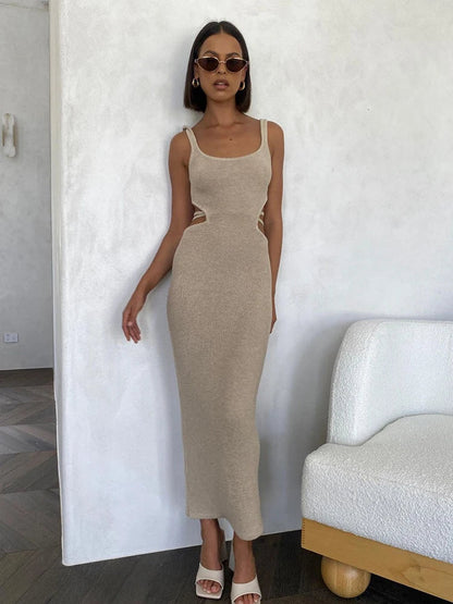 vmtvr Elegant Fashion Straps Sexy Backless Knit Maxi Dress for Women Summer Beach Holiday Cut Out Shift Dresses Clothes