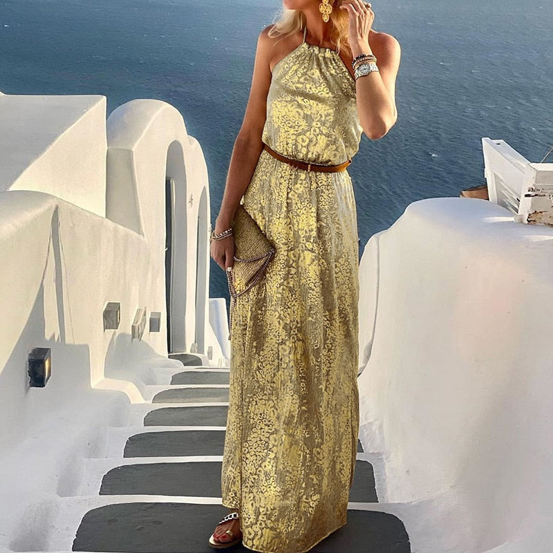 Spring Summer Neck-Mounted Maxi Dress Chic Lady Sleeveless Patchwork Print Dress Women Backless Halter Party Beach Dress Vestido