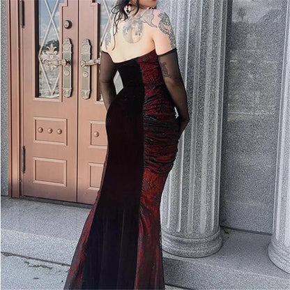 vmtvr  -  Goth Dark Ladies Elegant Fashion Tight Halter Mermaid Dresses Hotsweet Corset Mesh Maxi Dress Gothic Pleated Bodycon Party Gown