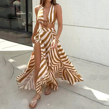 Women Maxi Dress Summer Striped Print Halter Sleeveless Open Waist Lace Up Slit Holiday Dresses High Streetwear