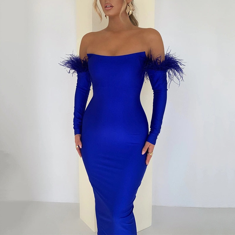 vmtvr Party Dresses For Women Outfits Elegant Off-shoulder Feather Sleeve Maxi Dress Women New Strapless Backless Bodycon Long Dress Vestido