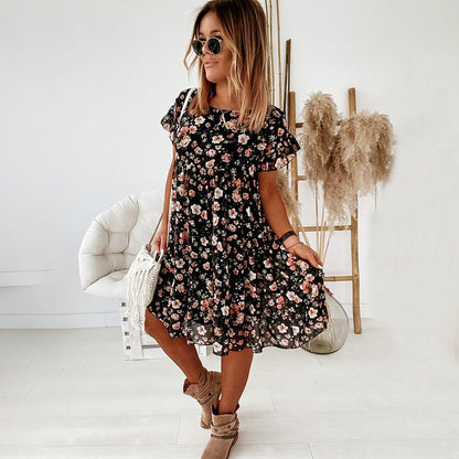 Women Floral Printing Dress Boho Short Sleeve Big Hem Casual Woman Female Loose Ruffles Mini Dresses for 2023 Summer Robe Femme