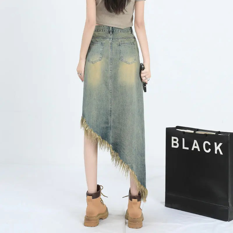 vmtvr Tassel Raw Edge Women Midi Denim Skirt Spring Summer Korean Streetwear Fashion Irregular Distressed Straight A-line Skirt Shorts