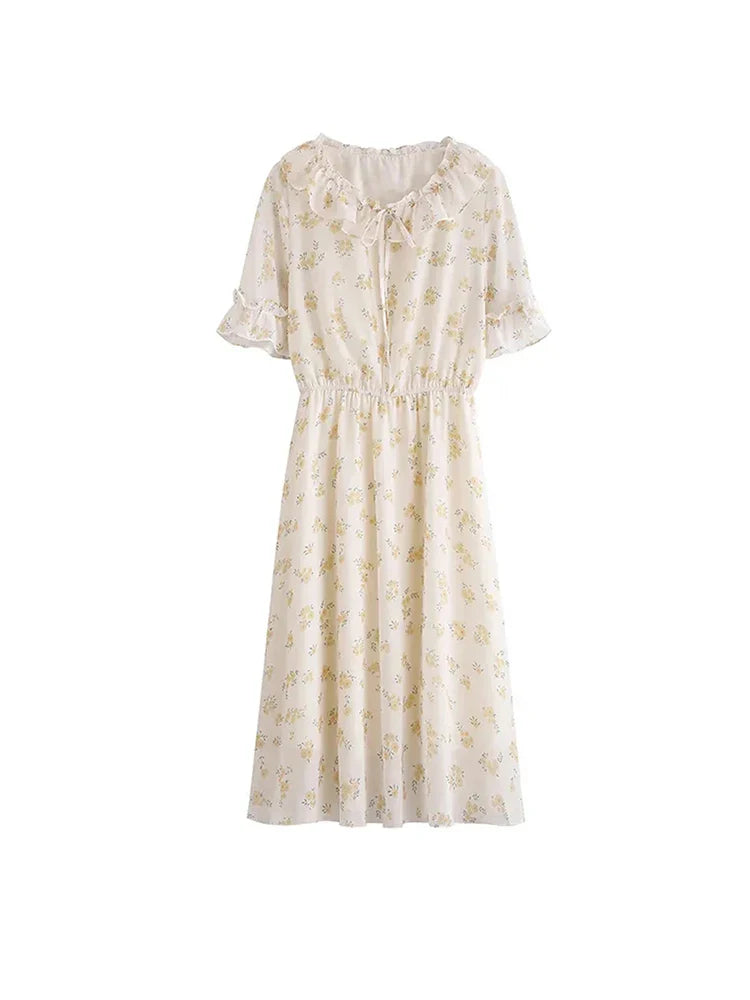 vmtvr Chiffon Women Long Dress Summer Fashion Floral Print Short Sleeve High Waist Beach Midi Dress Elegant Ruffles Ladies Dress