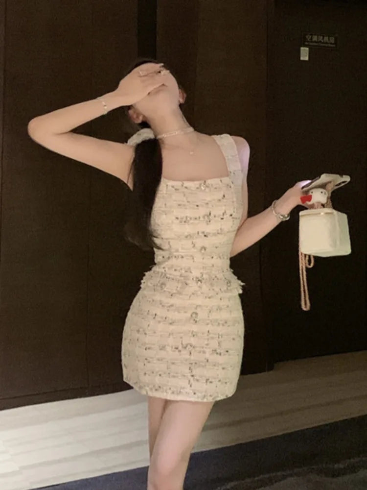 vmtvr  -  High Quality Korean Sweet Small Fragrant Tweed Dresses For Women French Fashion Summer Dress Hotsweet Sexy Tank Party Dress