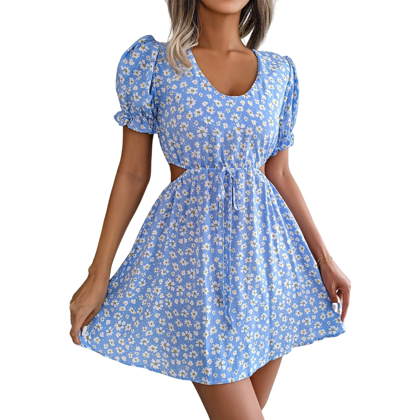 vmtvr - 2023 New Casual Short Sleeve Square Neck Lace-up Dress Retro Women Floral Printed Mini Dress Ladies Fashion Slim Office Dresses