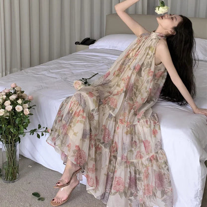 Summer Women Elegant Floral Print Maxi Dresses New Fashion Sleeveless Loose Ruffle Y2k Dress Beach Birthday Party Robe