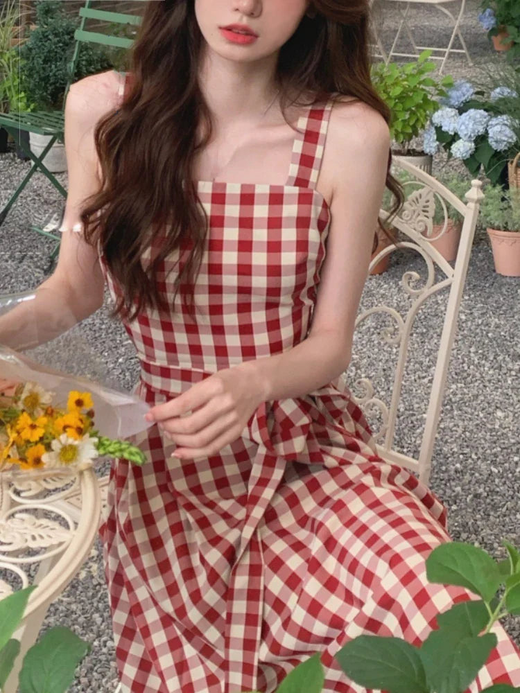 vmtvr Sweet Plaid Dress for Women Summer Fashion Elegant Chic Strap Mini Dress Female Birthday Even Party Korean Style Dress Slim