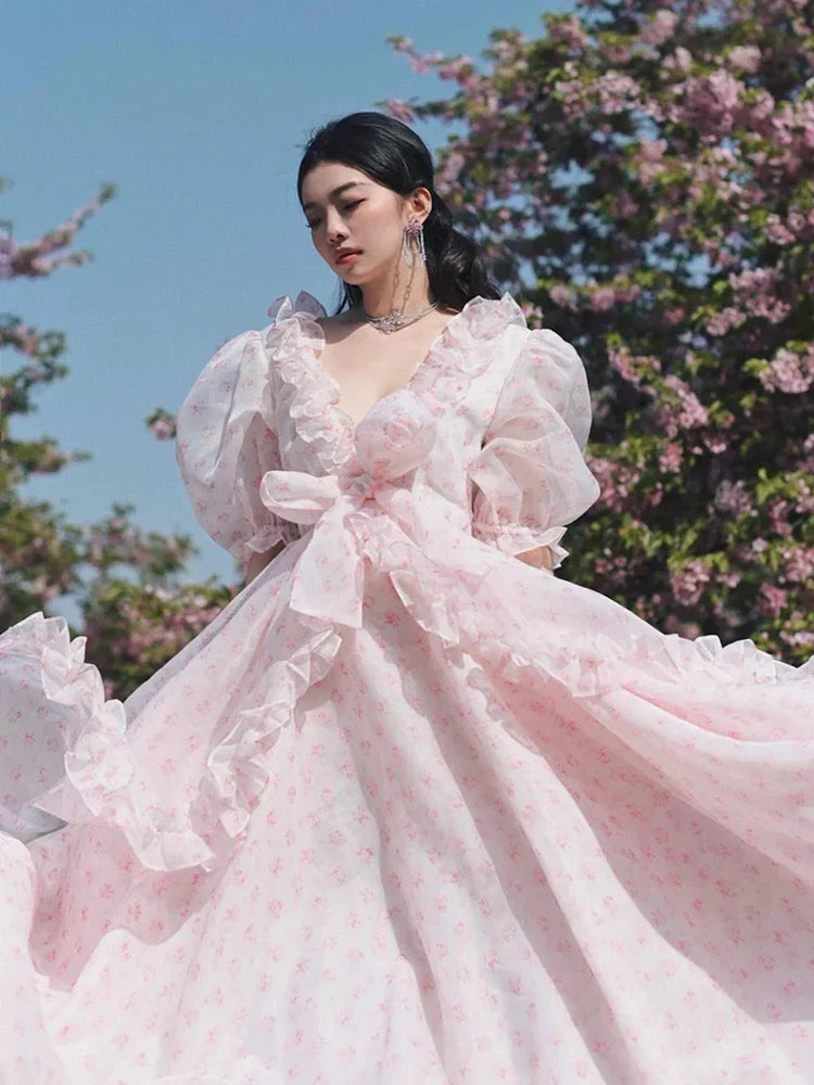 High Street Maxi Dress Gown Elegant Chic Pink Summer Women Dresses Ruffles Bow Tie Holiday Ladies Vestidos