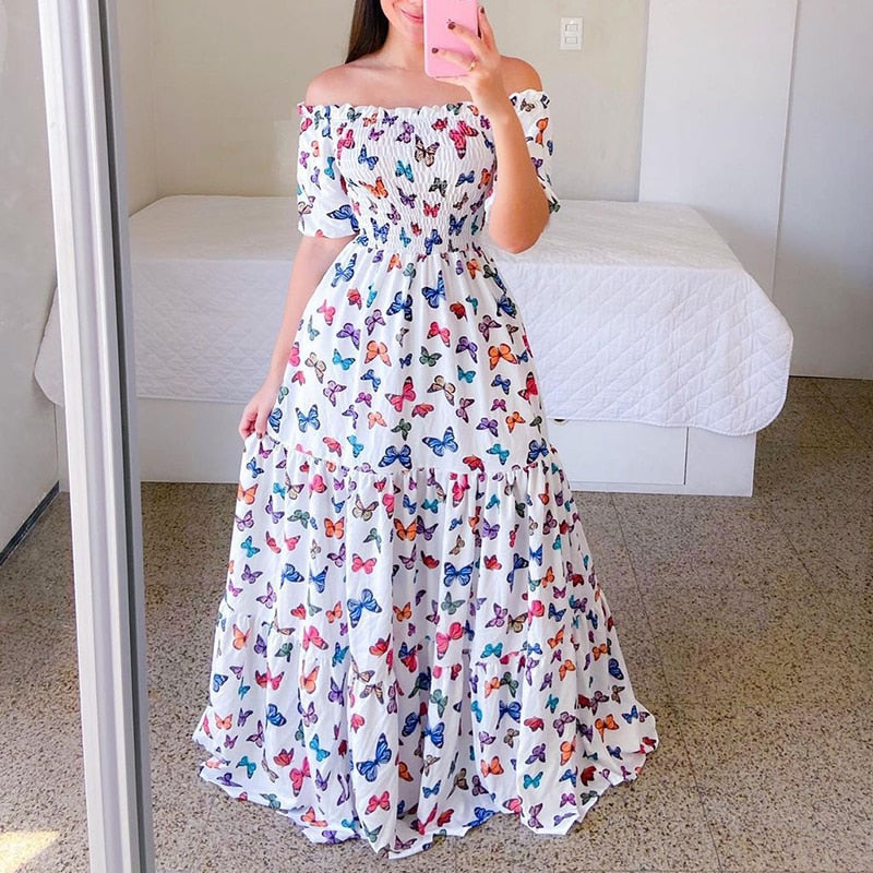 vmtvr Sexy Off The Shoulder Tube Top Dress Butterfly Rainbow Floral Print Dress Ladies Elegant Slim Summer Bohemian Party Maxi Dresses