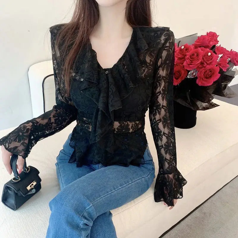 vmtvr Women Fashion Pullover Shirt Korean Casual Streetwear Sexy Hollow Out Tops Summer Female Lace Ruffle Long Sleeve T Shirts