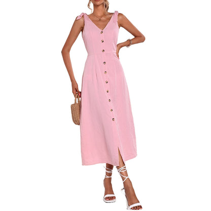 vmtvr -  Women Casual Suspender Maxi Dress V-neck Solid Color Elegant Pink Dress Tie Up Button Down Midi Dress Mujer Split Dresses