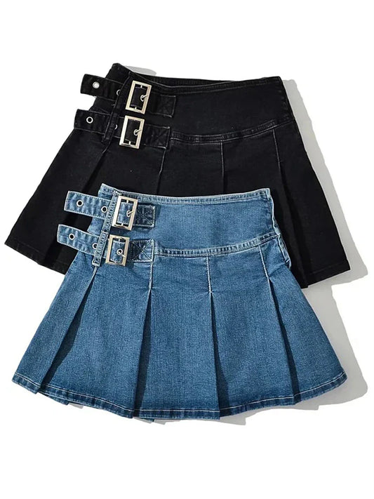 vmtvr Summer New TARUXY Denim Y2k Skirt with Pleats and Belt 90s E-girl Korean Skirts For Women High Street Jeans Short Bottom