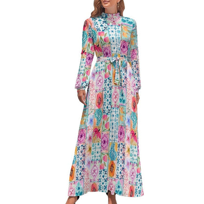 vmtvr - Ethnic Bohemia Dress Retro Floral Print Basic Beach Dresses Female Long Sleeve High Neck Elegant Long Maxi Dress