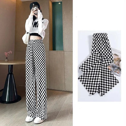 vmtvr Koreon Harajuku Casual Women Plaid Pants Spring Summer Thin Elastic High Waist Streetwear Fashion Loose Sports Straight Trousers