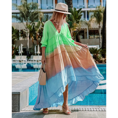 vmtvr - Fashion Patchwork Irregular Dress Women&#39;s Summer Sexy Deep V Neck Loose Maxi Dresses Half Sleeve Folds Beach Vacation Vestido