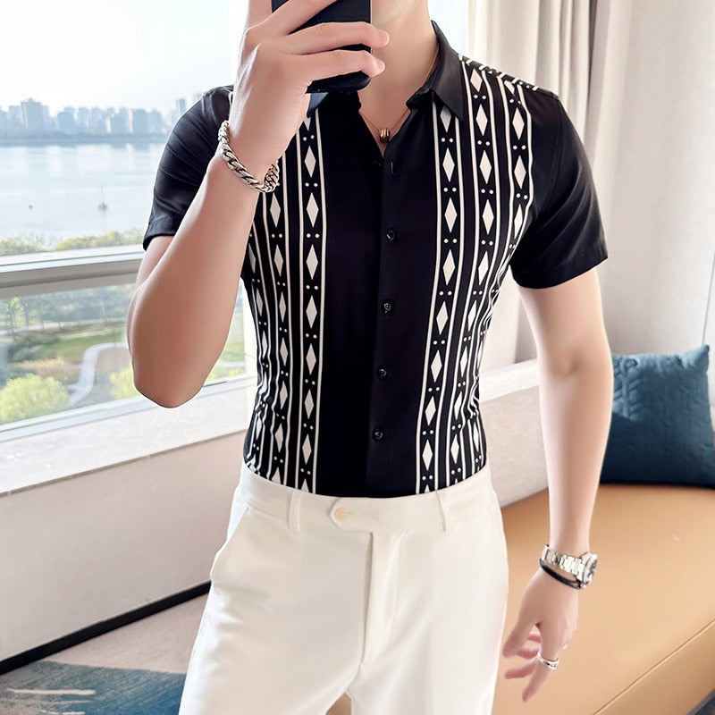 Plus Size 6XL-M Summer New Men Clothing Casual Men Stripes Printed Short Sleeve Shirt Fashion Slim Fit Social Party Dress Shirts