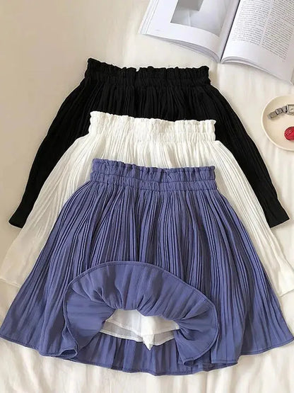 vmtvr Chiffon Beach Women Pleated Skirt Korean Sweet A Line Mini Skirt Summer High Waist Simple Female High Quality Fashion Skirt