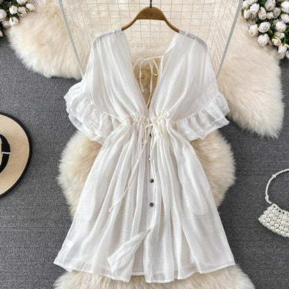 Spring Summer Boho Mini Dress for Women Deep V-Neck Ruffles Draw String Female Short Robe Sexy Draped Beach Vacation New In Chic