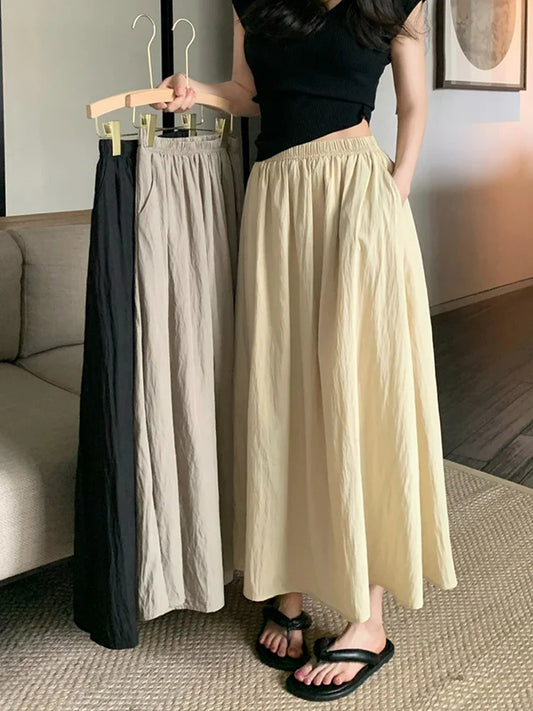 vmtvr Korean Fashion Women Wrinkle Skirt Harajuku High Waist A Line Mid Calf Skirt Summer Preppy Style Elegant Pockets Skirt New