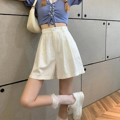 vmtvr Y2K Women High Waist White Shorts Korean Fashion Pleated Wide Leg Pants Summer Casual All Match Female Preppy Style Pants New