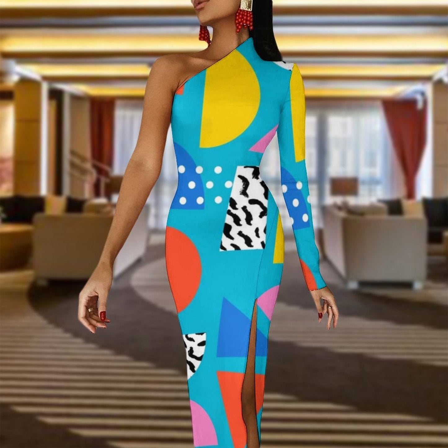 Memphis Retro Maxi Dress Long Sleeve Geometric Colorful Cute Bodycon Dress High Slit Streetwear Long Dresses Print Vestido