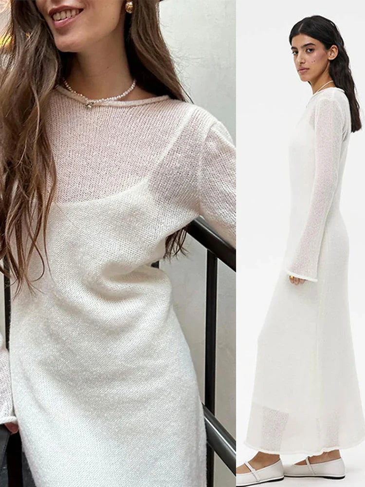 vmtvr  -  Knitted Hollow Out Long Beach Dress Set Women Summer O-Neck Flare Sleeve Dresses Female Elegant Slim Solid Vacation Robe