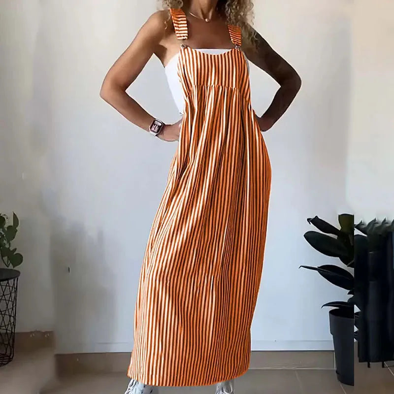 vmtvr Vintage Striped Print Sleeveelss Suspender Dress Summer Casual Pocket Loose Party Dress 2024 Women Sexy U-neck Pleat Long Dress