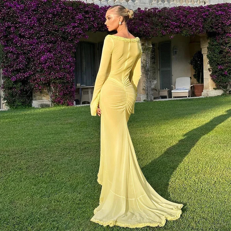 vmtvr  -  Yellow Sheer Beach Dress Women Fashion Long Sleeve Slim Maxi Evening Party Dresses Summer Sexy Hollow Out Ruffle Dress