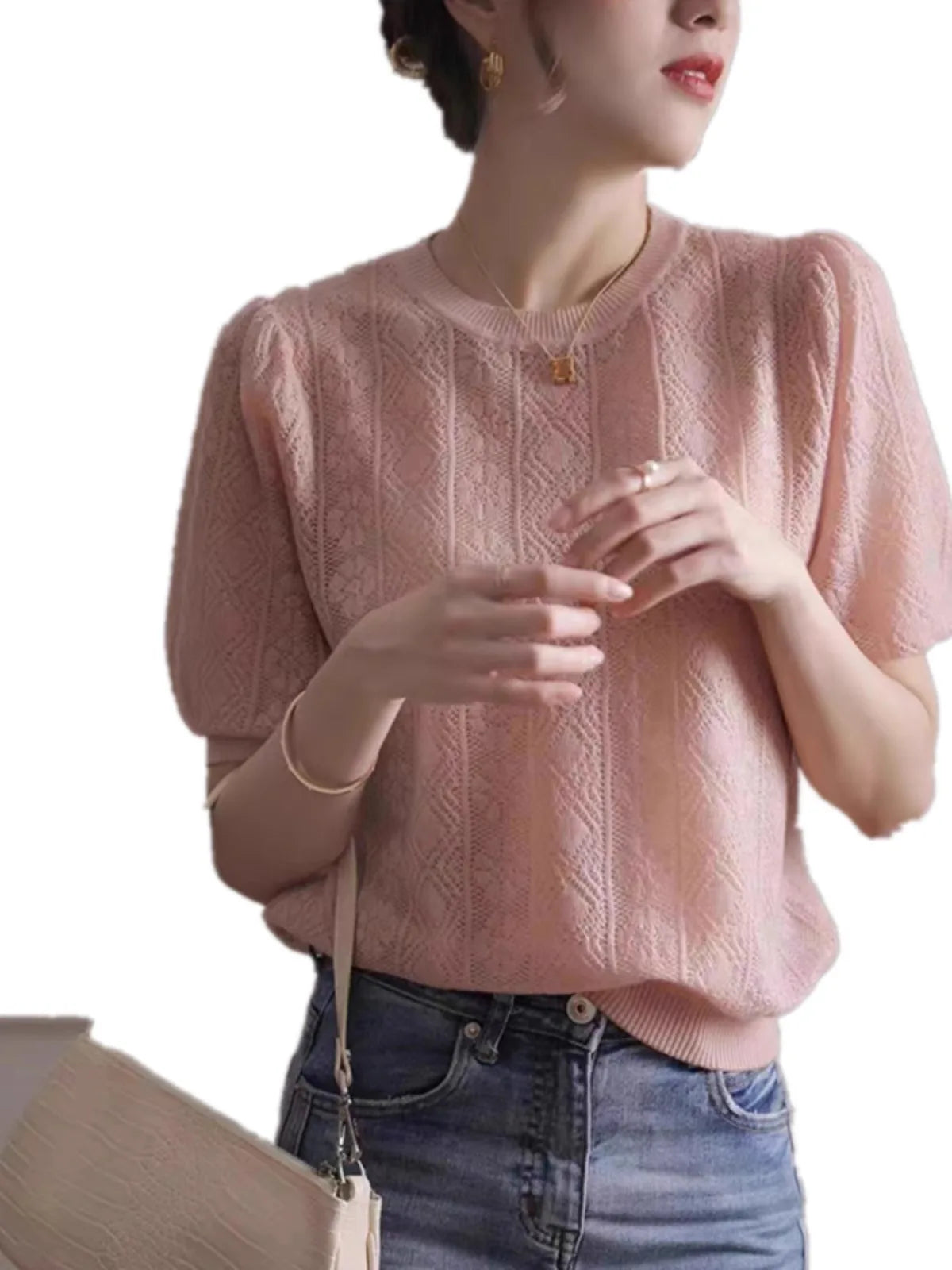 vmtvr European goods new hollow thin short-sleeved knitwear women's summer loose  temperament round neck half-sleeved T-shirt