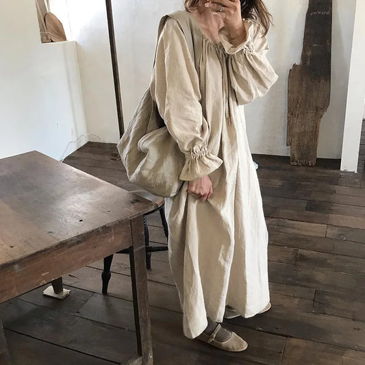 vmtvr  -  100% Cotton Elegant Dress For Women Autumn Casual Maxi Dress Long Lantern Sleeve Robe Femme Vintage Loose Oversize Vestidos