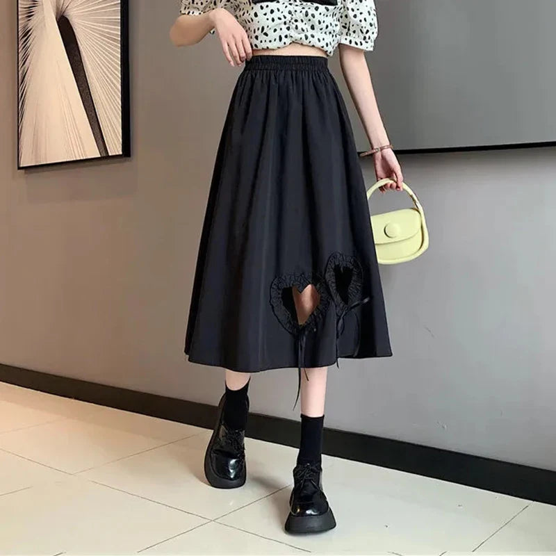 vmtvr Y2K Women Love Hollow Out Skirts Korean Streetwear Bow Black A Line Skirts Summer All Match Female High Waist Midi Skirts New