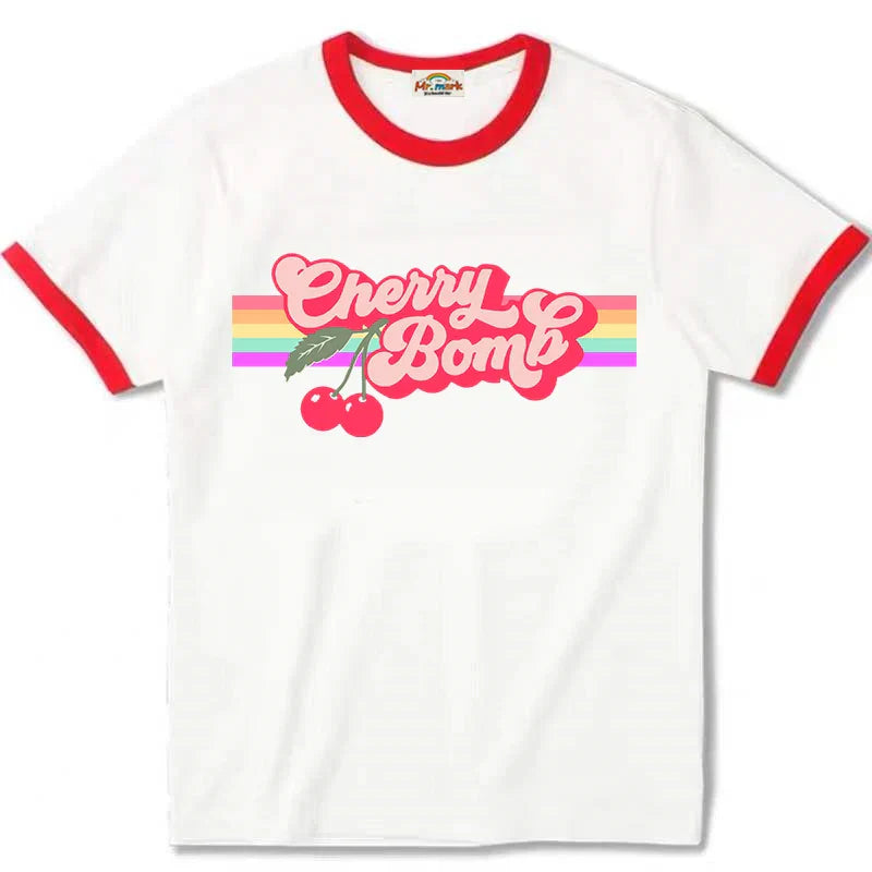 -Retro sports style outfit streetwear 90s fashion Vintage Cherry Bomb Printing Ringer Tees Short Sleeve Loose Cotton 80s 90s T Shirts Women Crewneck Ins Fashion Aesthetic Shirts