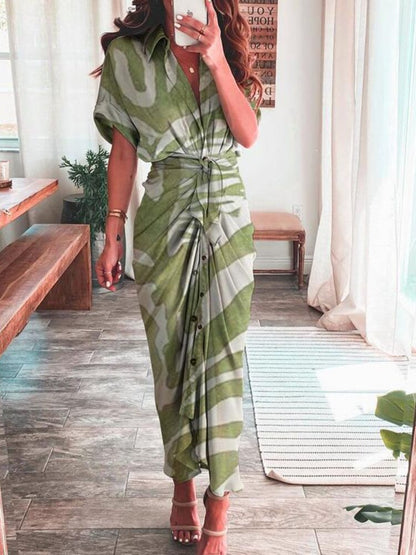 Spring Summer New Temperament Fashion Printed Long Dress Waist Tie-up Shirt Dress Streetwear Woman Clothes Robe Evening Dresses