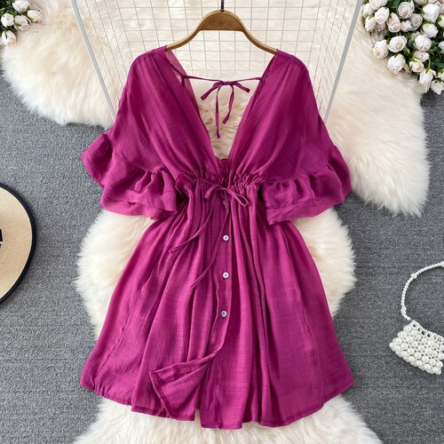 Spring Summer Boho Mini Dress for Women Deep V-Neck Ruffles Draw String Female Short Robe Sexy Draped Beach Vacation New In Chic