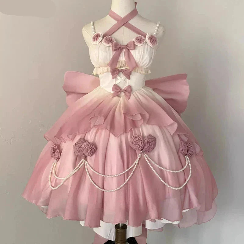 vmtvr  -  Retro Victorian Lolita Dress Elegant Women Sweet Bow Pearl Chain Ruffles Rose Flower Dresses Kawaii Gradient Pink Princess Dress