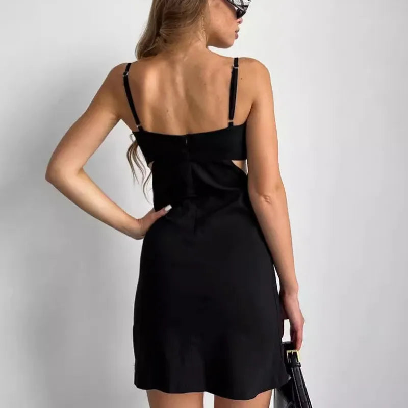 vmtvr Fashion Black Cotton Suspender Dress Spring and Summer Women's Sexy Hollow Out Design Elastic Slim Fit Casual Backless Dress