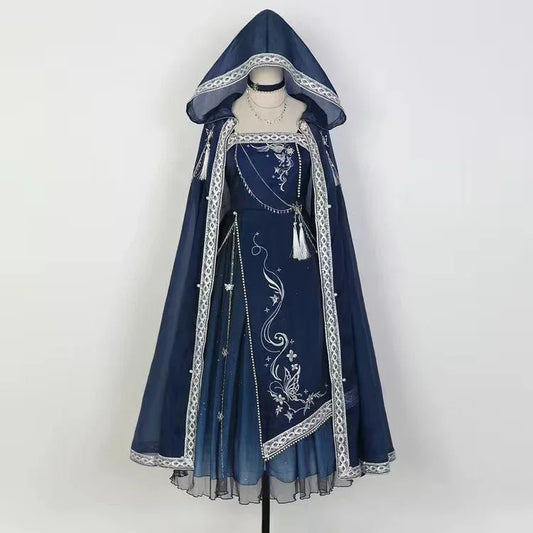 vmtvr  -  Dreamy Starry Night Dark Blue Butterfly Embroidery Long Dress + Cloak Set with Chains