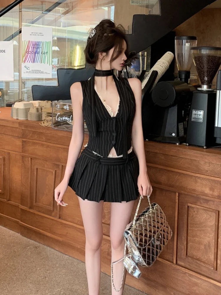 vmtvr 2024 Summer New Two Piece Set Streetwear V-neck Lace Patchwork Striped Casual Camisole Women + High Waist Pleated A-line Skirt