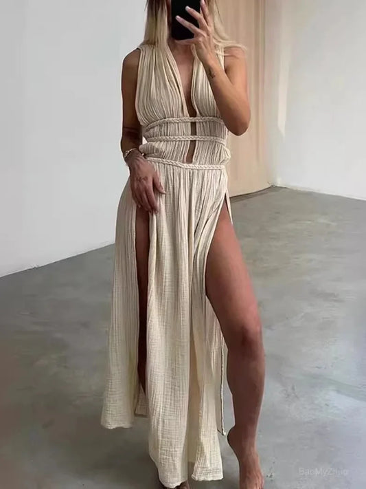 vmtvr 2024 Deep V-Neck Sexy Bohemian Party Dress Women Summer Loungewear Sleeveless Maxi Dress Hollow Out Solid Ladies Dress Vestidos