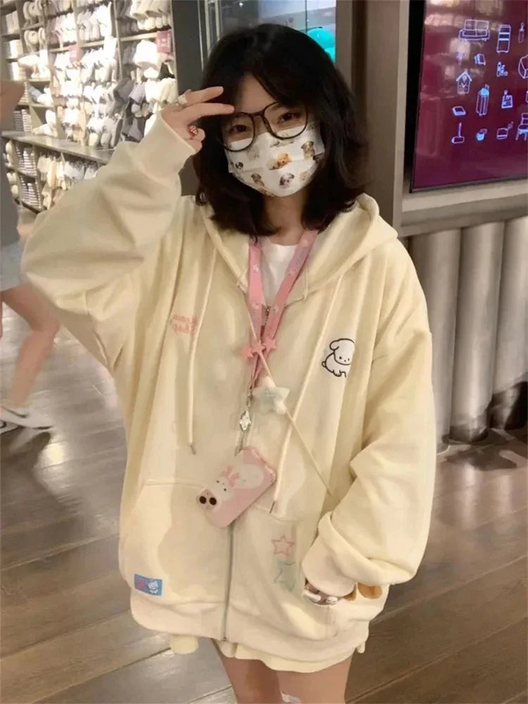 -QWEEK Harajuku Kawaii Pink Zip Up Hoodie Women Japanese Style Cute Cartoon Beige Hooded Jacket Oversize Korean Girly Sweatshirts