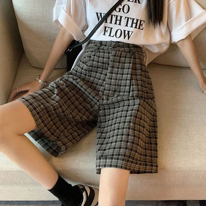 vmtvr Y2K Women Summer Plaid Short Pants Korean Casual Streetwear Loose Straight Leg Pants Fashion Female High Waist Shorts