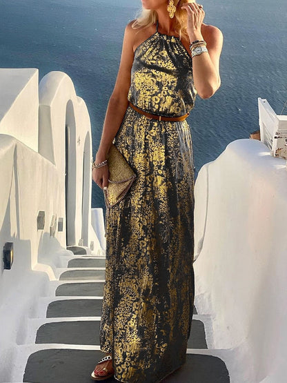 Spring Summer Neck-Mounted Maxi Dress Chic Lady Sleeveless Patchwork Print Dress Women Backless Halter Party Beach Dress Vestido